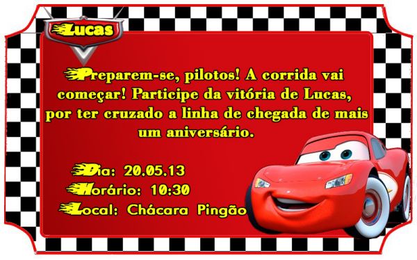 Convite Festa Carros Corrida Ingresso